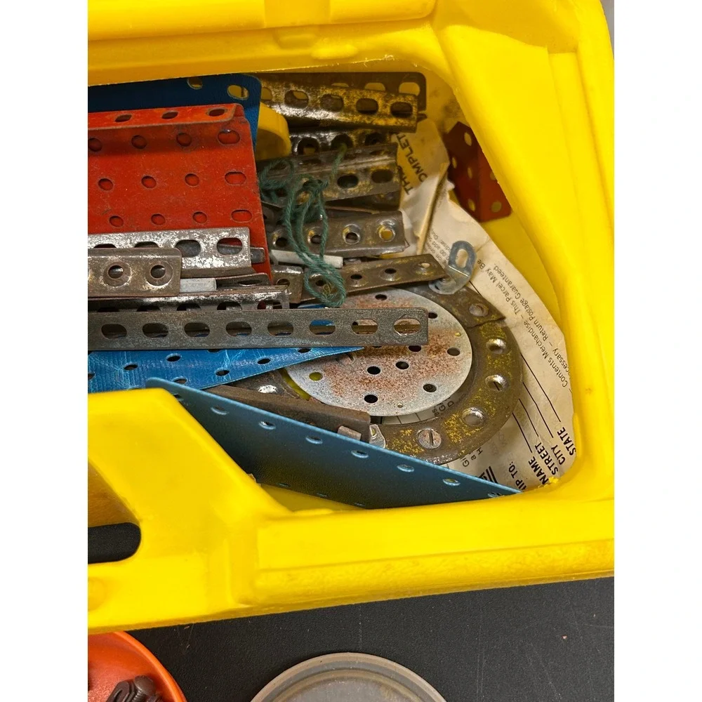 Vintage Gilbert Erector Set Mixed Lot Metal Building Parts Motor Yellow Case